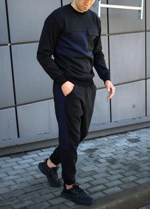 Теплый спортивный костюм микрофлис с5039 цвет черный-синий штаны реглан3 фото