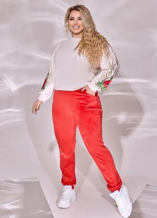 Костюм кофта с круглым вырезом рукав спущенный термо аппликация низ на манжете штаны на резинке высокая посадка боковые карманы низ манжет ткань велюр