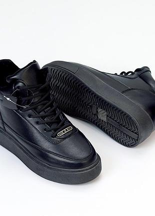 Кеды кроссовки высокие натуральная кожа черные хайтопы на высокой подошве