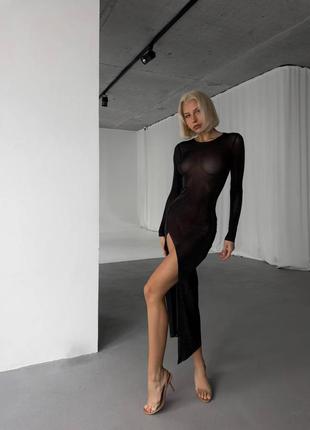 Do2667 черное прозрачное длинное платье с вырезом сетка люрекс1 фото