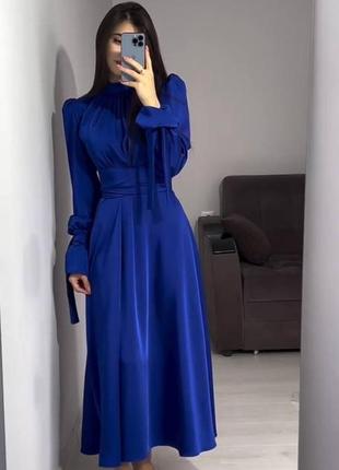 Платье миди синее однотонное свободного кроя на длинный рукав качественная стильная трендовая
