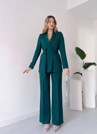 Качественный деловой женский костюм стильный комплект пиджак с поясом и брюки изысканный комплект
