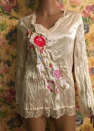 Стильная нюдовая жатая блуза кофта с вышивкой в бельевом стиле s, 442 фото