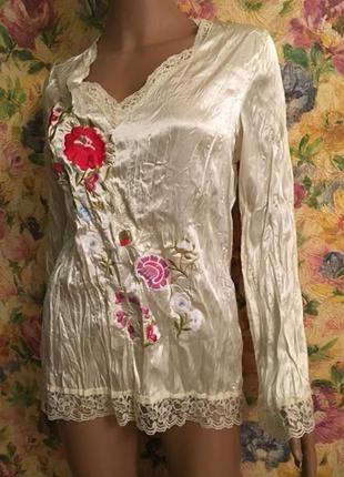 Стильная нюдовая жатая блуза кофта с вышивкой в бельевом стиле s, 444 фото