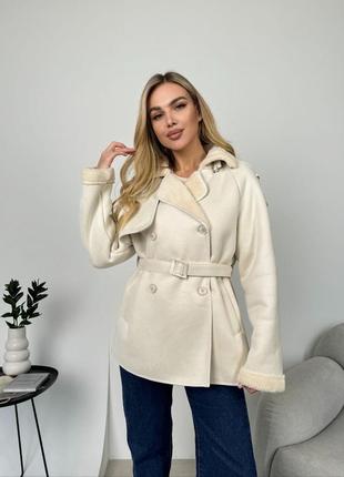 Замшева подовжена дублянка з поясом