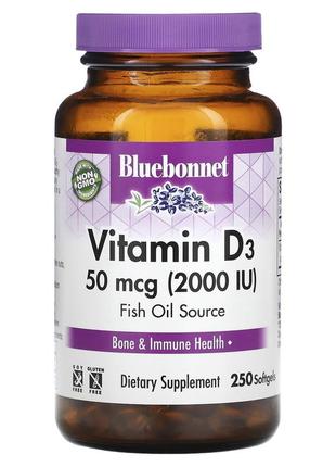 Витамин d3 2000iu, bluebonnet nutrition, 250 желатиновых капсул