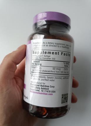 Витамин d3 2000iu, bluebonnet nutrition, 250 желатиновых капсул6 фото