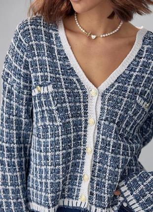 Шикарная кофточка синяя белая кардиган вязаная на пуговицах короткая жакет пиджак свитер джемпер блуза топ3 фото