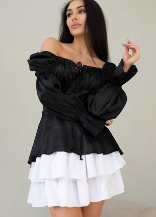 Міні сукня зі спідницею з рюшами атласна сукня чорна коротке плаття з атласу