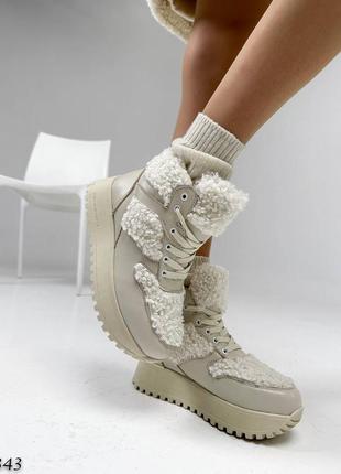 Распродажа натуральные кожаные зимние бежевые кроссовки с мехом тедди8 фото
