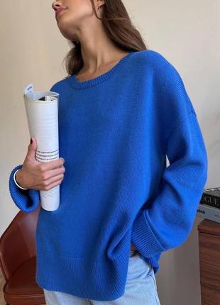 Женский свитер oversize, кофта вязаная, свитер однотонный свободного кроя синий1 фото