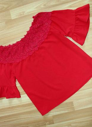 Блуза кофточка топ сорочка червона з ажуром та воланами (2578)