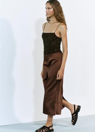 Атласная юбка-миди, коричневая zara new1 фото