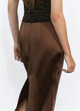 Атласная юбка-миди, коричневая zara new4 фото
