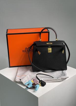 Классическая черная кожаная женская сумка hermes kelly  зернистая кожа