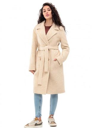 Пальто женское шерстяное демисезонное, двубортное, средней длины, бежевое с узором мелкое конфити5 фото