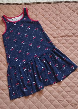 Летнее платье h&amp;m на 2-4 р. девочке синее с рюшкой в вишни сарафан платье2 фото