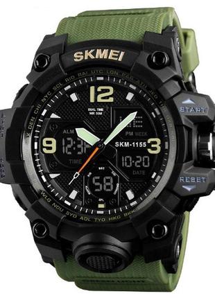 Мужские спортивные наручные часы skmei 1155 электронные с подсветкой, армейские камуфляжные часы с будильником3 фото