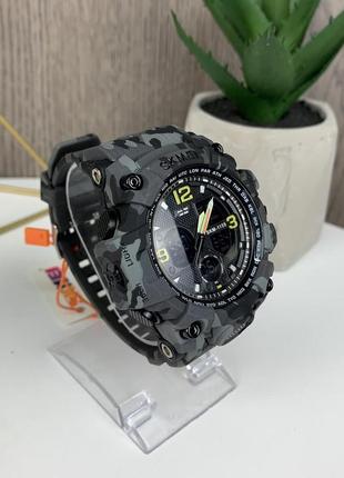 Мужские спортивные наручные часы skmei 1155 электронные с подсветкой, армейские камуфляжные часы с будильником8 фото