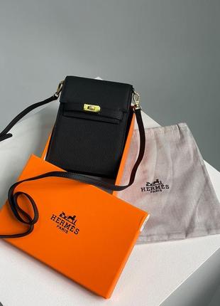 Женская кожаная сумочка hermes small crossbody black/gold