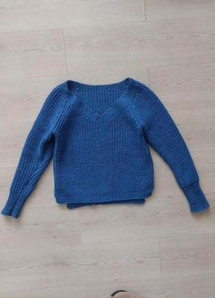 Вязаный свитер в рубчик синий на размер s - m