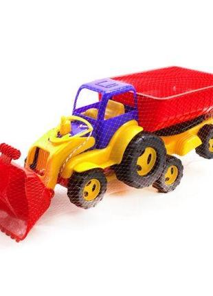 Трактор з ковшем і причепом (синьо-червоний)