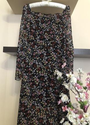 Красива шифонова сукня селянка, літня шифонова сукня міді з розрізом,8 фото