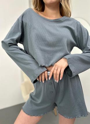 Тоненька котонова піжама шорти + кофта довгий рукав  хакі оливка сіра пижама5 фото