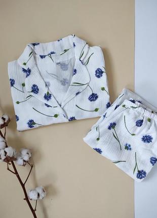 Пижама муслин цветы василька белая голубая синяя муслин натуральная майка шорты4 фото