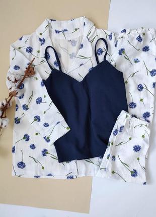 Пижама муслин цветы василька белая голубая синяя муслин натуральная майка шорты3 фото