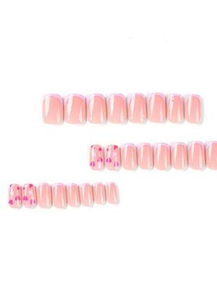 Накладные ногти набор типсы мягкий квадрат день валентина сердечки нюд розовые френч короткие средние тренд 2024 стильные современные скотч клей3 фото
