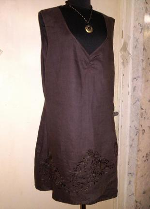 Лляне-100%льон,шоколадна плаття-туніка,2-х шаровий низ,з вишивкою,бохо,flashclassic