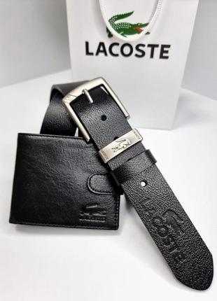 Мужской набор lacoste (ремень +бумажник + упаковка)6 фото