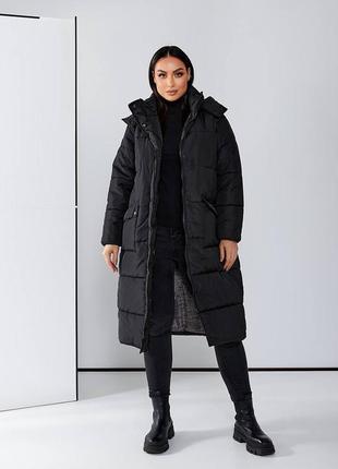 Куртка пальто женская длинная стеганая с капюшоном зимняя весенняя на весну демисезонная базовая черная серая белая батал3 фото