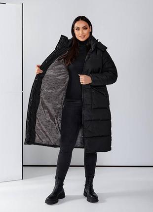 Куртка пальто женская длинная стеганая с капюшоном зимняя весенняя на весну демисезонная базовая черная серая белая батал4 фото