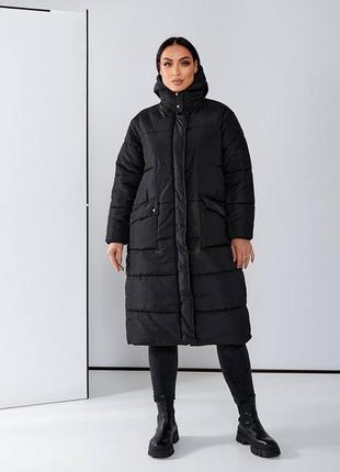 Пальто куртка женское длинное стеганое с капюшоном зимнее весеннее на весну демисезонное базовое черное серое белое батал