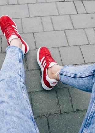 Кроссовки adidas gazelle red ( aдидас газель ) кеды красные с белой подошвой4 фото