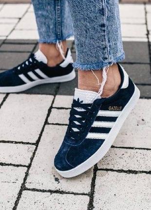 Кроссовки adidas gazelle ( aдидас газель ) кеды темно синие с белой подошвой1 фото