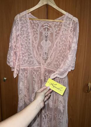 Нежно розовый ажурный кружный халат6 фото