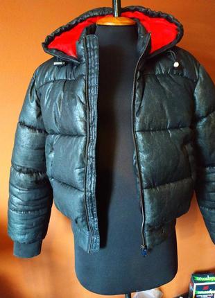 Трендова обємна куртка з блискучим шаром водозахисне покриття зима тепла капюшон бомбер