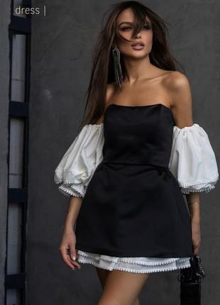 Платье мини женское короткое атласное, нарядное, дизайнерское, черное - белое5 фото