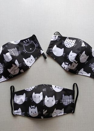 Чорна маска з котами,захисні багаторазові маски з бавовни3 фото