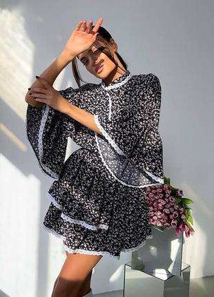 Стильна ніжна легка жіноча вільна ошатна коротка сукня з мереживом оверсайз софт принт8 фото