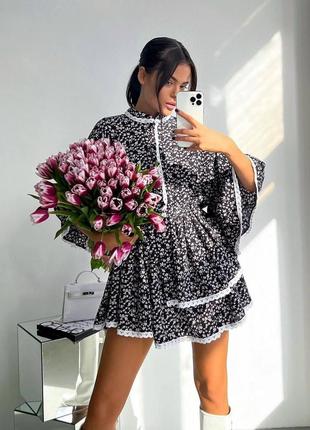 Стильна ніжна легка жіноча вільна ошатна коротка сукня з мереживом оверсайз софт принт1 фото