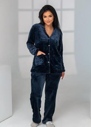 Костюм домашній жіночий кофта-сорочка та штани піжама тепла плюшева з кишенями розміри батал 46-60