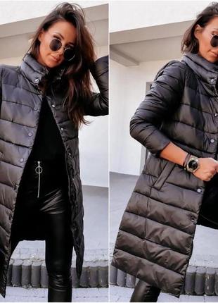 Пальто куртка жіноче стьобане довге весняне демісезонне на весну чорне бежеве