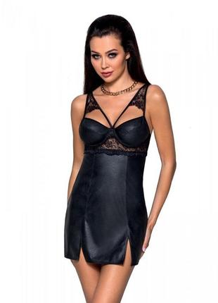 Бебі-дол з еко-шкіри та мережива loona chemise декольте відкрита спинка розрізи міні сукня