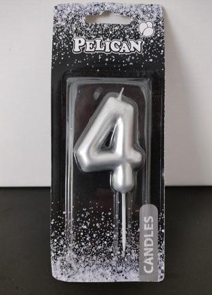 Свічка для торта  pelican цифра "4" срібро