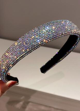 Срібний обідок зі стразами з райдужним переливом, обруч для волосся з камінчиками, сяючий обруч з кристалами, срібло сріблястий