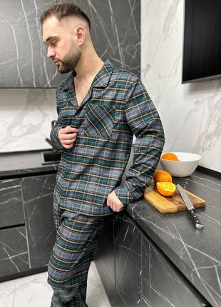 Мужская фланелевая пижама в клетку домашний комплект рубашка брюки4 фото